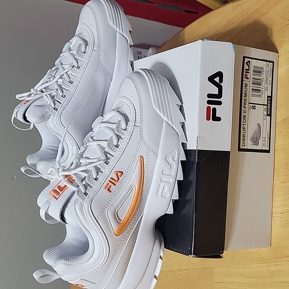 White With Orange Fila Disruptor Sneakers Like New - Picture 2 of 8